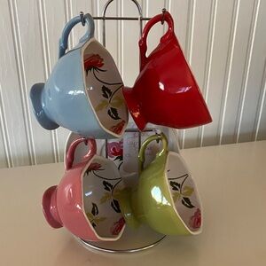 Colorful Ceramic Tea/Coffee Cups & Saucers On Stand, Beautiful Flower Designs